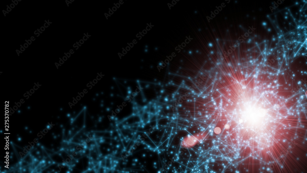 Poster 3d rendering of inside neural network with flare light. dots and lines geometry connected. concept f