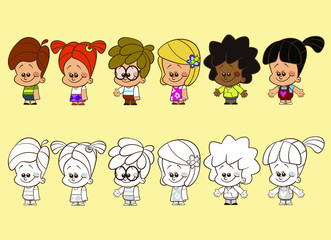 6 Modern cartoon kids in grayscale and color versions