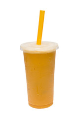 Thai tea with milk on ice in transparent plastic glass isolated on white background with clipping path