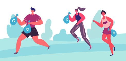 Plogging. Man and women pick up litter during plogging in nature. Friends collect garbage while running. Eco and environment friendly ecological concept. Flat. Vector illustration.
