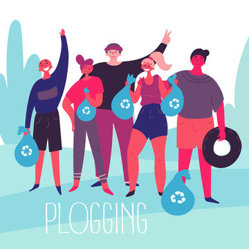 Plogging. Young men and women pick up litter during plogging in nature. Group of friends collect garbage while running. Eco and environment friendly ecological concept. Flat. Vector illustration.