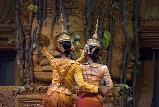Back view of actor showing Khon dancing performance in Siem Reap, Cambodia. The UNESCO announced Khon, the Thai masked dance drama, and Lkhon Khol of Cambodia are intangible cultural heritage.
