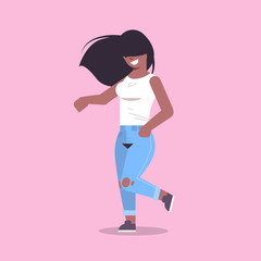 young woman in casual clothes standing pose smiling african american female cartoon character attractive girl with long hairs lying on face posing flat full length