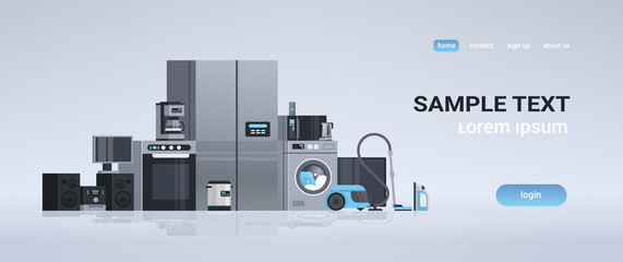 set different home appliances kit electric house equipment collection flat horizontal copy space