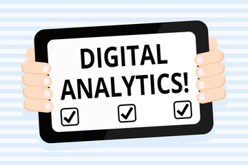 Writing note showing Digital Analytics. Business concept for the analysis of qualitative and quantitative data Color Tablet Smartphone with Screen Handheld Back of Gadget
