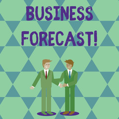 Handwriting text Business Forecast. Conceptual photo estimate or prediction of future developments in business Two Businessmen Standing, Smiling and Greeting each other by Handshaking