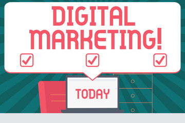 Handwriting text writing Digital Marketing. Conceptual photo marketing of products using digital technologies Blank Huge Speech Bubble Pointing to White Laptop Screen in Workspace Idea