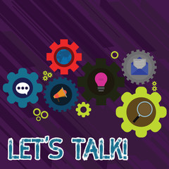 Text sign showing Let S Talk. Business photo text they are suggesting beginning conversation on specific topic Set of Global Online Social Networking Icons Inside Colorful Cog Wheel Gear
