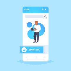 businessman using tablet pc during coffee break business man listen music with headphones relax concept smartphone screen mobile application flat full length