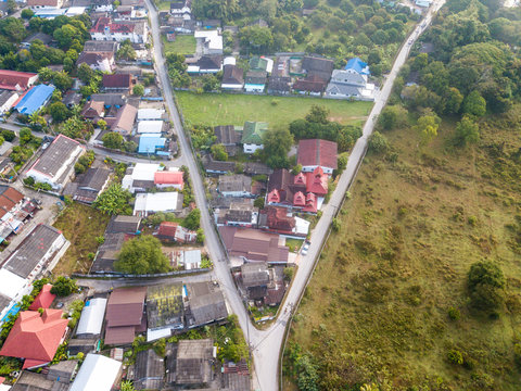 The aerial view of Y-junction in Chiang Rai town in Northern region of Thailand. High angle view from drone.