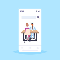 businesspeople couple sitting at workplace desk brainstorming mix race man woman discussing new project during meeting business time concept flat full length smartphone screen mobile app