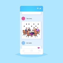 businesspeople group having meeting sitting at round table colleagues brainstorming successful teamwork concept smartphone screen mobile app flat full length