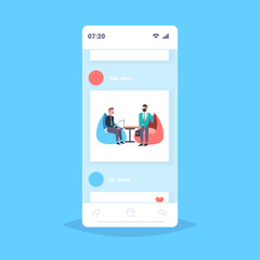 businessman using laptop and talking with his business partner businesspeople discussing new project communication teamwork concept smartphone screen mobile app flat full length