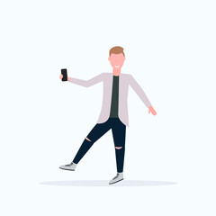 man taking selfie photo on smartphone camera casual male cartoon character posing white background flat full length