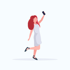 redhead woman taking selfie photo on smartphone camera casual female cartoon character posing white background flat full length