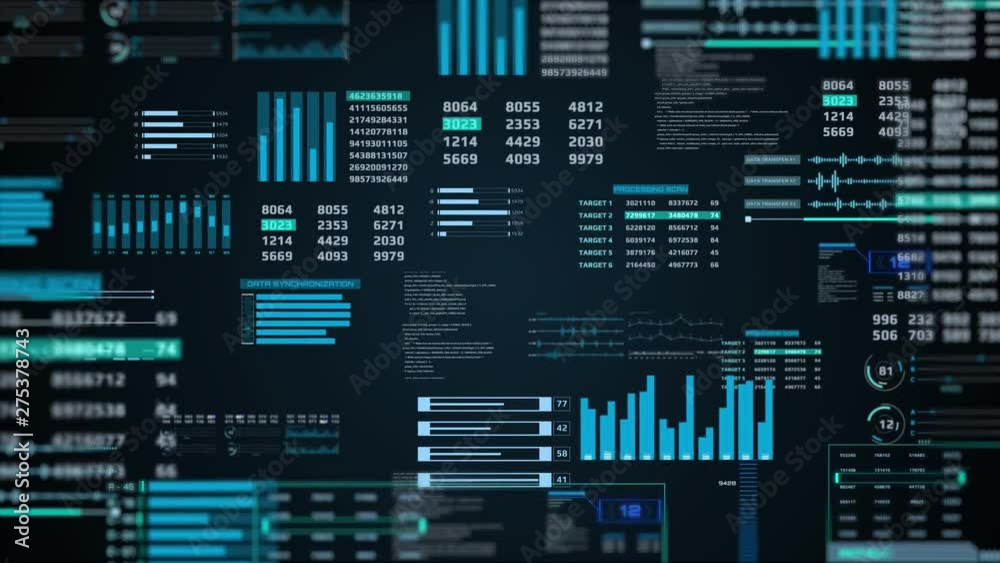 Poster HUD Futuristic Fly In Through Element Digital Technology Motion. Zoom In Object Cyber Space Data Information For Screensaver Background.