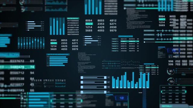 HUD Futuristic Fly In Through Element Digital Technology Motion. Zoom In Object Cyber Space Data Information For Screensaver Background.