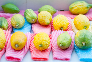 Jewish festival of Sukkot. Traditional market before the holiday of Sukkot.Etrog yellow citron Traditional symbol-One of The four species.