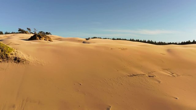 Dolly in drone shot of sandy dunes with green trees in the background.
