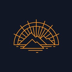 Mountain landscape with sun light line art illustration