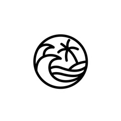 Beach with ocean wave and palm tree line art illustration logo design