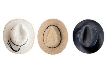 collection of vintage pretty straw hat isolated on white background