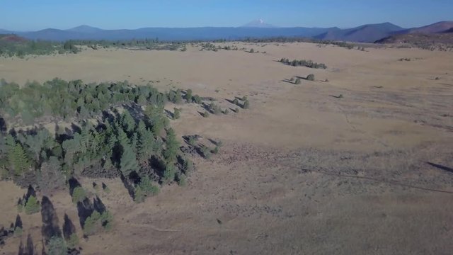 Drone revealing Mt Shasta from Lassen County in Northern California with pine trees and plains in the fall