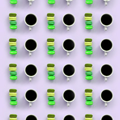 A pattern of many colorful dessert cake macaroon and coffee cups on trendy pastel lilac background top view