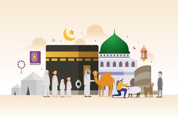 Eid adha mubarak with tiny people character design concept Hajj and Umrah season. Vector illustration