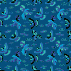 Illustration of birds, blue jay, falcons and clouds. Seamless repeat pattern in green, blue, aqua, black, turquoise and purple.