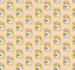 Wasting time concept. Many yellow alarm clock