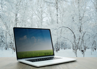 pc table, winter forest