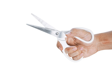 Hand is holding white scissors isolated on white background.