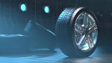 Car tires in a futuristic room. Alloy wheels. 3D visualization