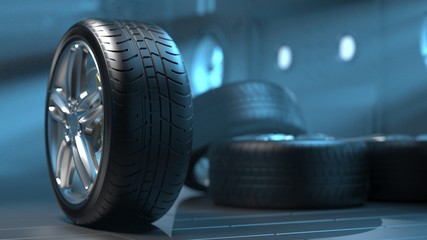 Car tires in a futuristic room. Alloy wheels. 3D visualization