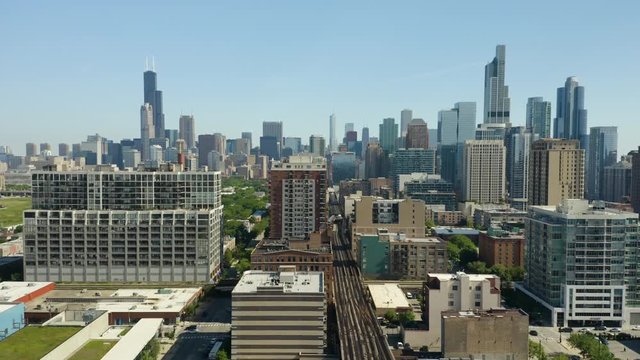 Crane Up - View of Chicago Skyline from South Loop