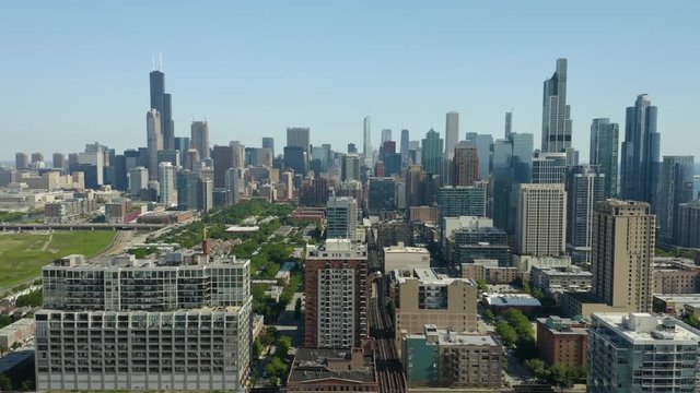 Dolly In - View of Chicago Skyline from South Loop