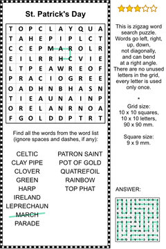 St. Patrick's Day themed zigzag word search puzzle (suitable both for kids and adults). Answer included.