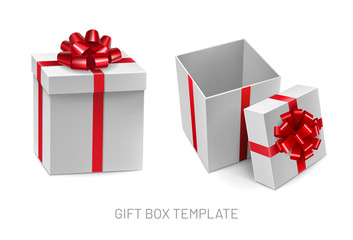Opened and closed cardboard square boxes with sparkling red ribbon. Christmas box for competition winner prize with silk tape decoration. Side view of realistic white 3d container vector illustration.