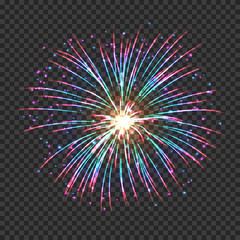 Festive fireworks with pink and blue shining sparks. Colorful pyrotechnics vector element. Realistic fireworks celebration isolated on transparent background. Fantastic light performance in night sky.