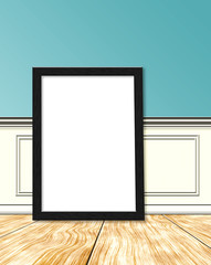Mock up blank wooden frame on blue wall with crown molding