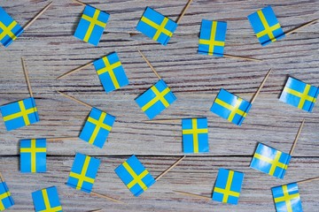 June 6 Sweden independence Day, the concept of the Day of memory of freedom and patriotism. Mini flags on wooden white background.