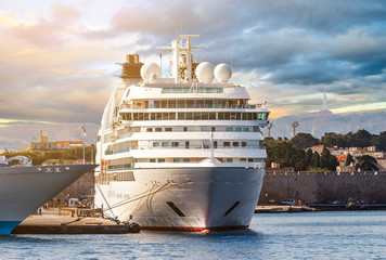 Cruise ship docked in port Rhodes, Greese. Cruise vacation.