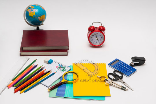 colorful collection of school supplies set on white background. back to school. great ideas