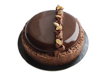 Dark chocolate cake with mirror glaze and crumble border