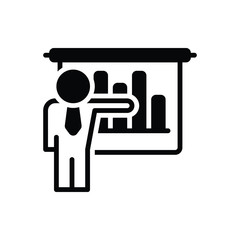 Black solid icon for businessman presenting bars graphic