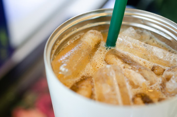 close up coffee with ice .Ice coffee is Thai style coffee. 