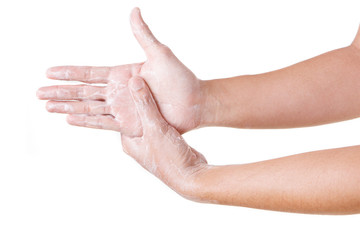 Cleaning Hands. Washing hands. ISOLATED ON WHITE BACKGROUND.