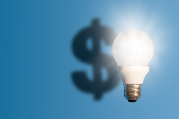 Light bulb on bright blue background with a dollar sign shadow. Conception good idea it's money.
