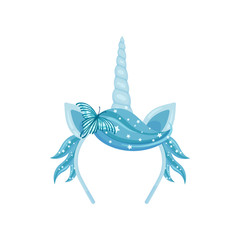 Thin bezel with a blue unicorn horn, ears and a strand of hair. Vector illustration on white background.